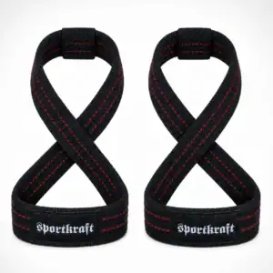 Mustat kahdeksikon muotoiset SportKraft Heavy Figure 8 vetoremmit punaisilla tikkausompeleilla ja valkoisella merkkilogolla valkoisella taustalla.
