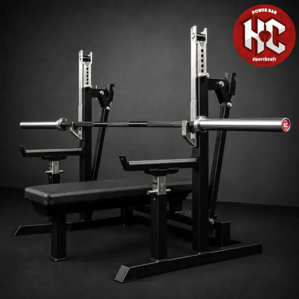 SportKraft Hardcore voimanostotanko 20kg kuntosalin nostolavalla ja telineessä
