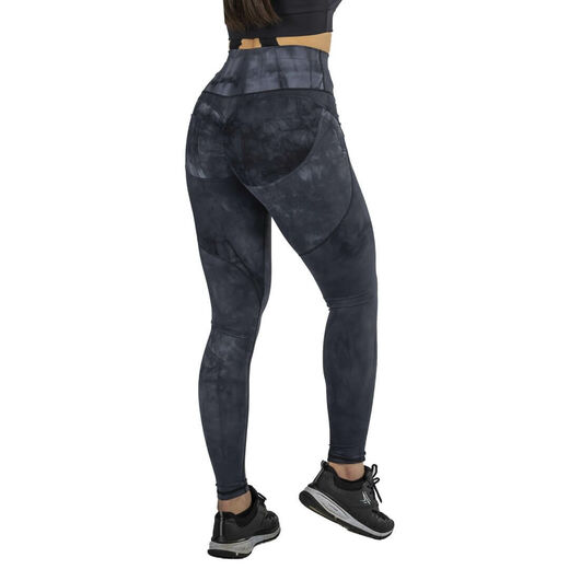 Korkeavyötäröiset savunmustat tie-dye treenileggingsit urheilulliseen ja tyylikkääseen lookiin.